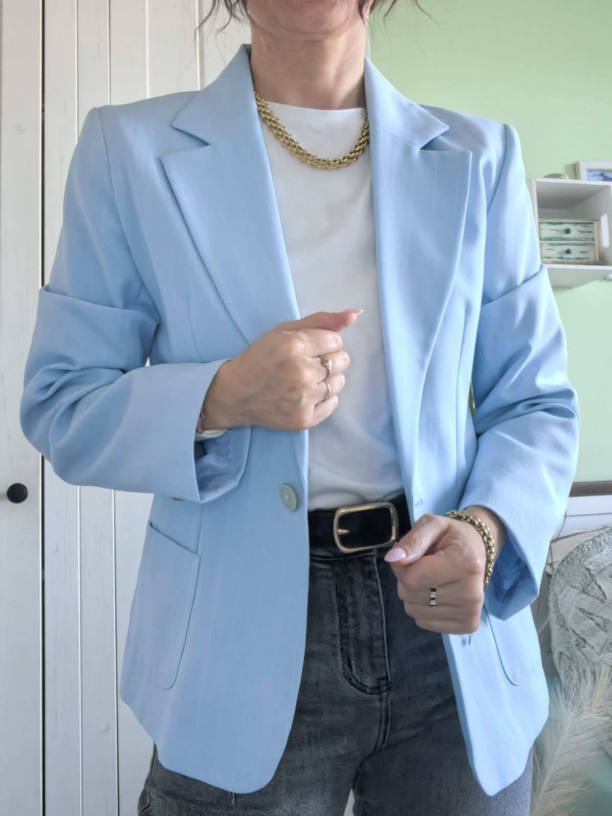 Błękitna marynarka Pimkie w delikatne białe paski smart casual french