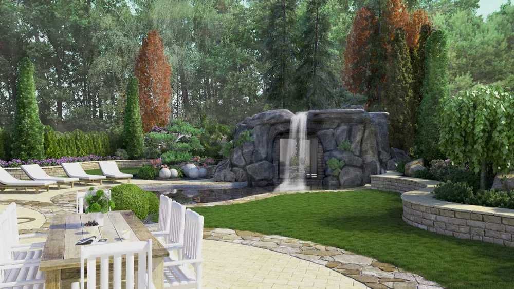 Grota skalna z wodospadem 65m2, suną, basenem ogrodowe spa, jacuzzy