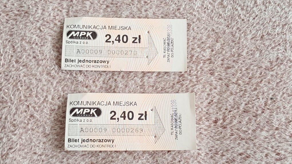 2 bilety MPK Sieradz – jednorazowe, skasowane, pamiątka kolekcjonerska