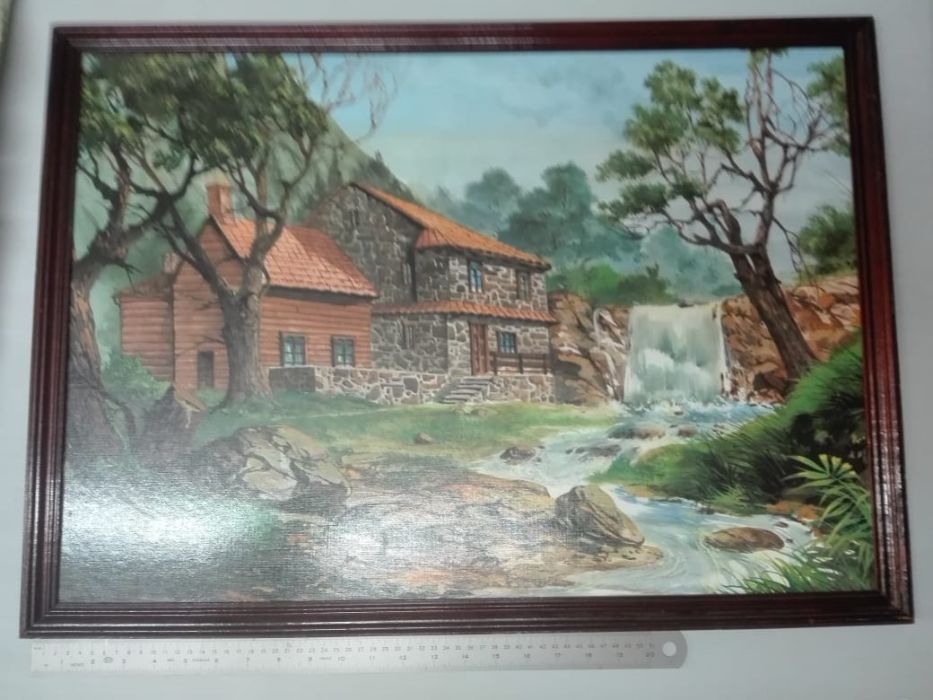 Quadro antigo - tema casa com paisagem