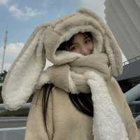 шапка шарф с ушками кролика плюшевая мягкая зимняя теплая с перчатками
