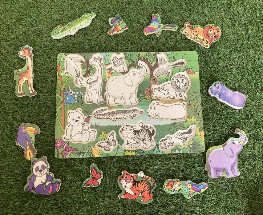 Puzzle de madeira quinta, selva, transportes