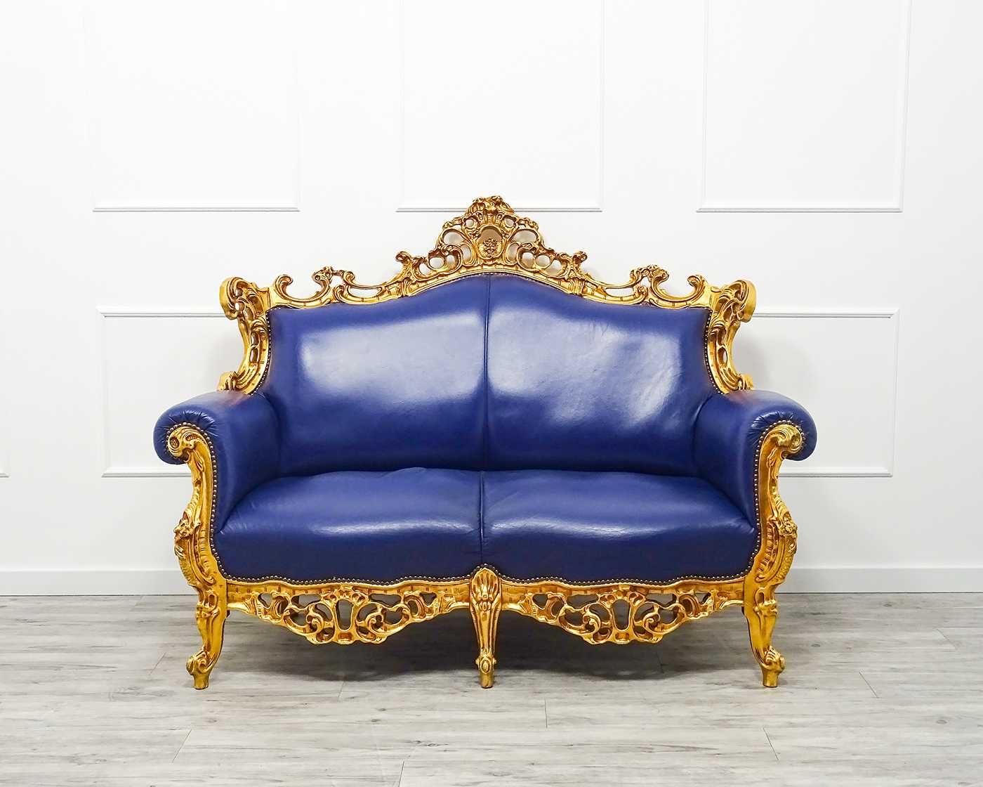 Włoski KOMPLET mebliI do SALONU Ludwik BUK skóra KANAPA + SOFA + FOTEL