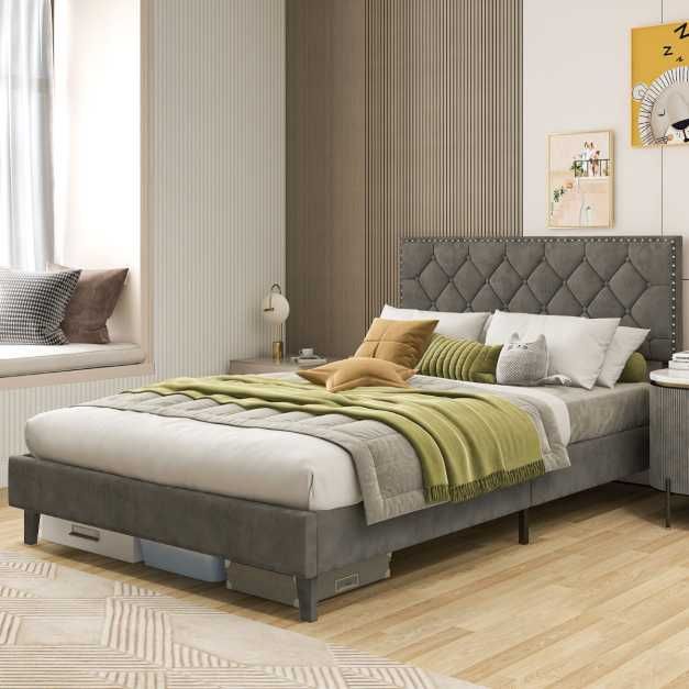 Łóżko podwójne tapicerowane Costway Rama 140x200 czarny