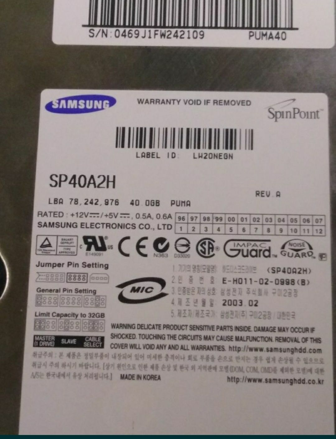 HDD SAMSUNG 40Gb SP40A2H
Жёсткий диск Samsung,снят очень окуратно ,скл