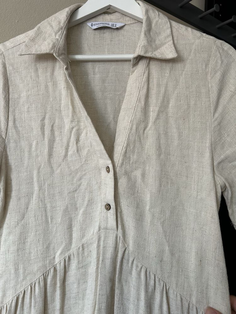 Vestido manga curta midi camiseiro linho stradivarius
