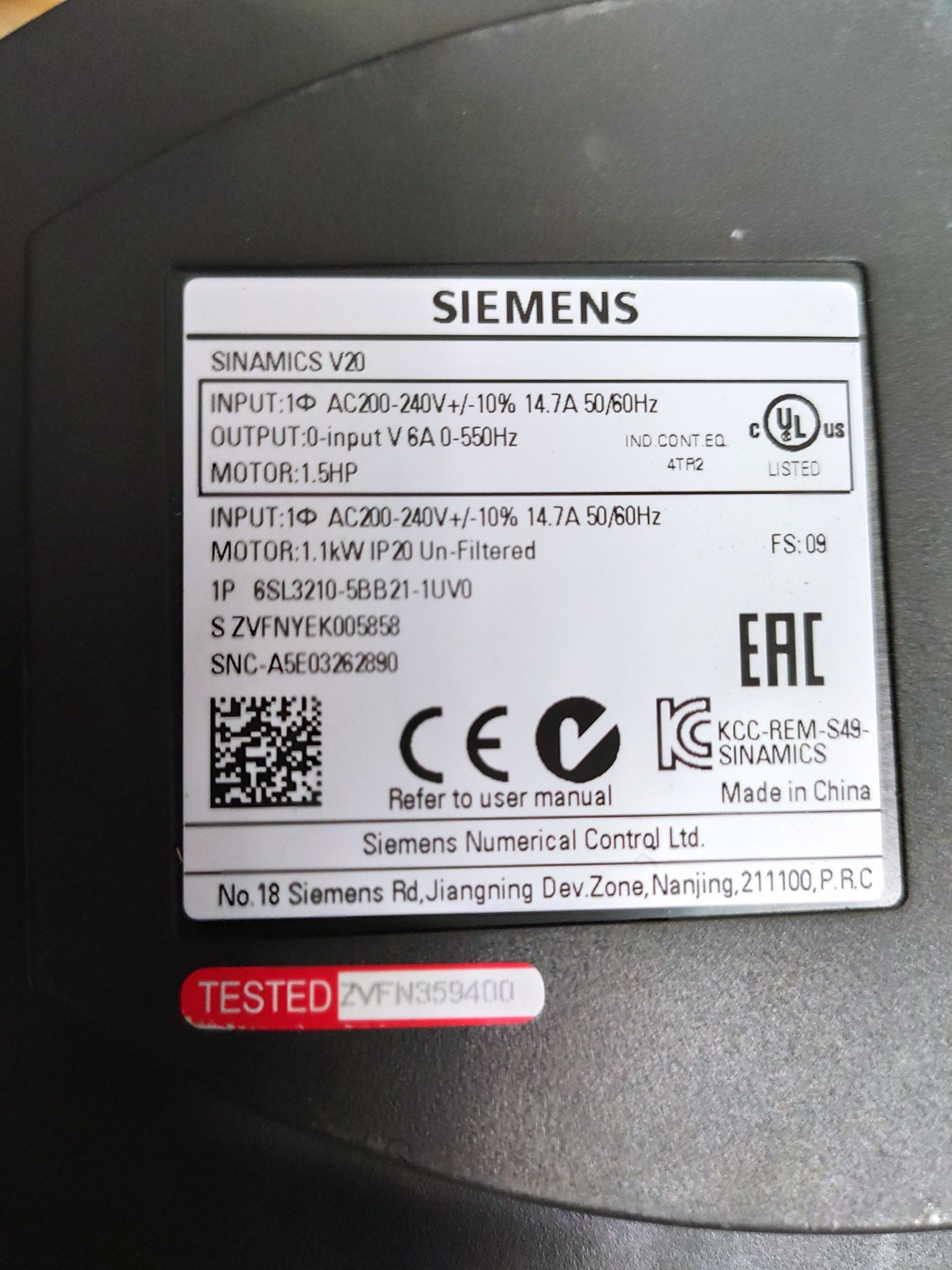 Частотный преобразователь Siemens sinamics v20 6sl3210-5be21-1uv0