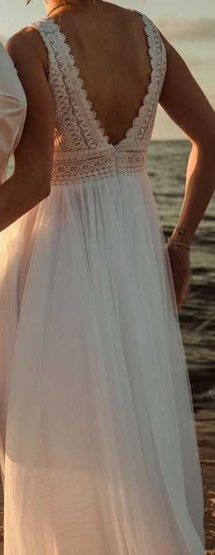 Biała suknia ślubna boho rustykalna z koronką wycięte plecy S 175cm