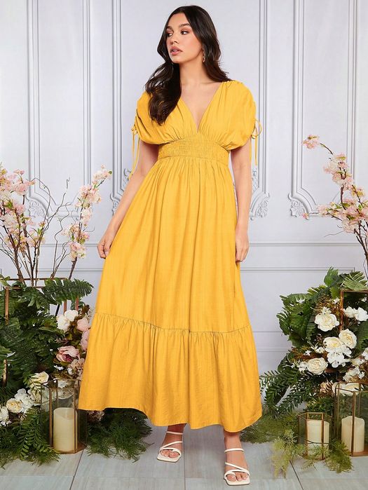 Sukienka Ciążowa Rozkloszowana Z Falbankami Casual Maxi Żółta Shein Xl