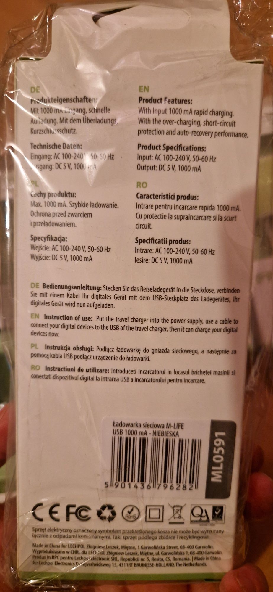 Ładowarka sieciowa USB ML0591 1.0A bez przewodu