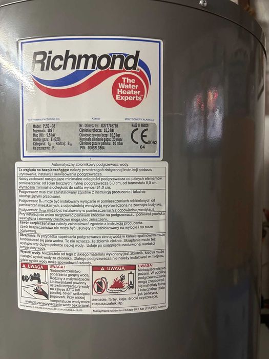 Gazowy podgrzewacz wody automatyczny zbiornikowy Richmond poj.189l