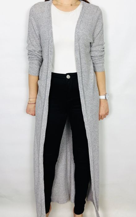 Długi cienki kardigan szary melanż L 40 New Look