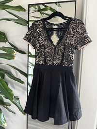Czarno-beżowa sukienka, rozmiar 38 M, rozkloszowana, koronka