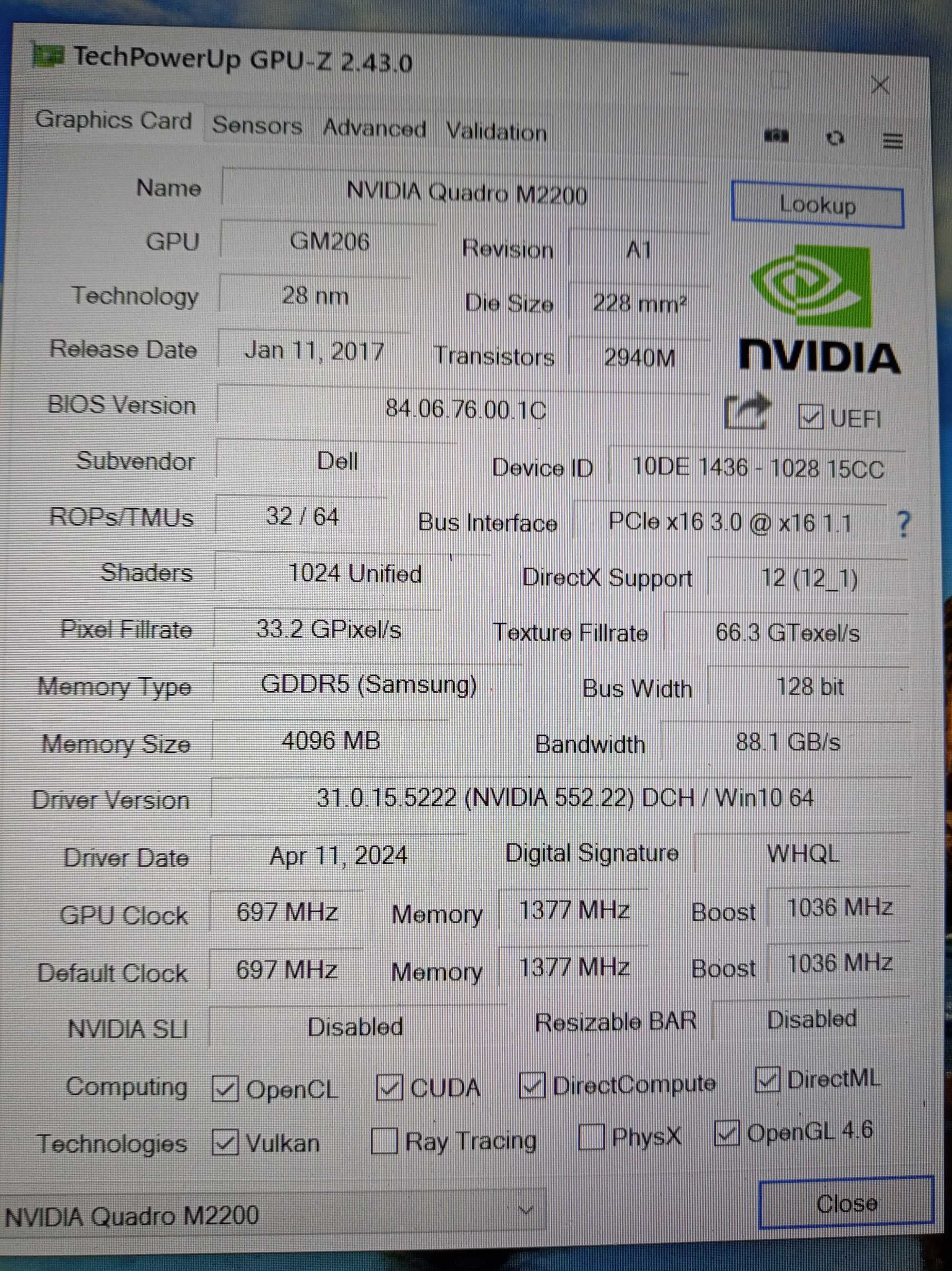 Видеокарта для ноутбука Nvidia Quadro M2200 4Gb. GDDR5
