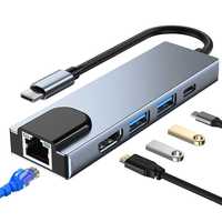 Хаб USB type-C 5 в 1 на HDMI LAN 1 Gbit USB 3.0 и USB-C переходник