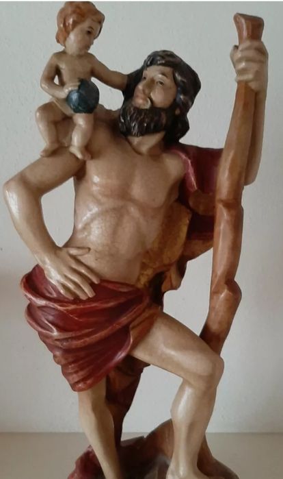 Figura w Drewnie św Krzysztof z Chrystusem Polichromia H 50 cm,25 VII