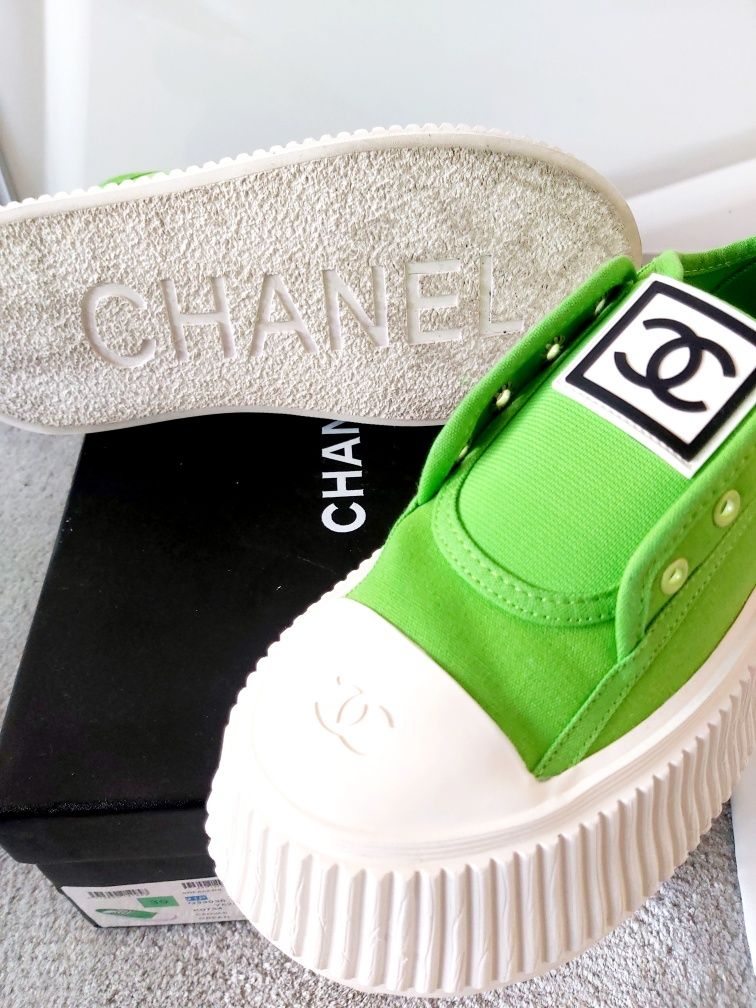 Chanel zielone seledynowe trampki tenisówki białe platforma 38 39 24,5
