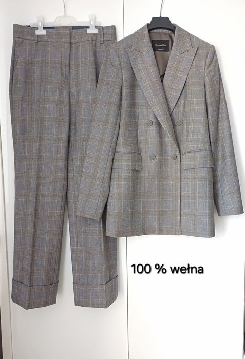 Massimo Dutti wełniany garnitur damski 100% wełna szary kratka komplet