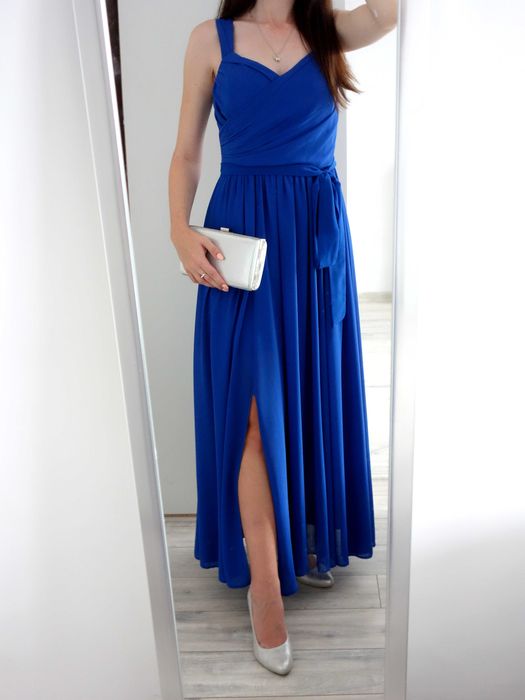 Sukienka suknia długa maxi wesele Bialcon niebieska studniówka 36 38 M