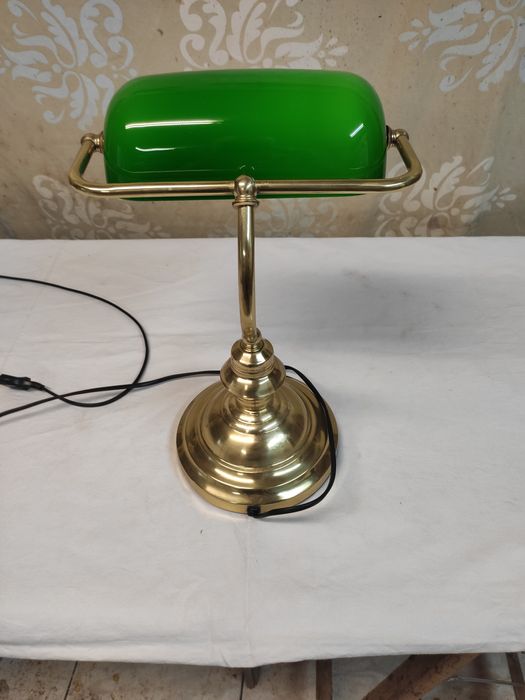 Lampa retro mosiężna  biurkowa z zielonym kloszem