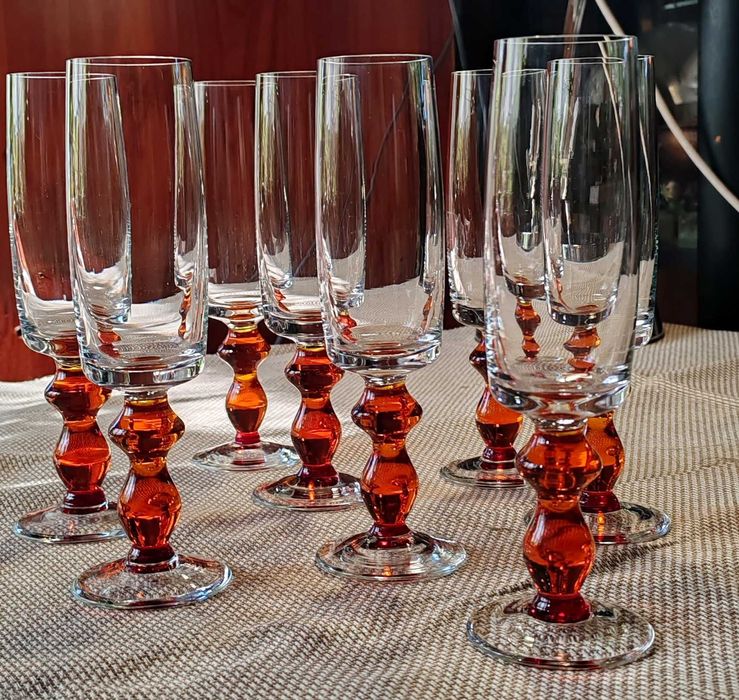 Kieliszki do szampana, pomarańczowa nóżka, Sadowski, Sudety PRL