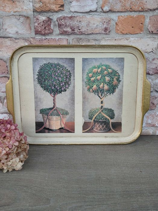 Dekoracja drewniana taca motyw roślinny 40x30cm