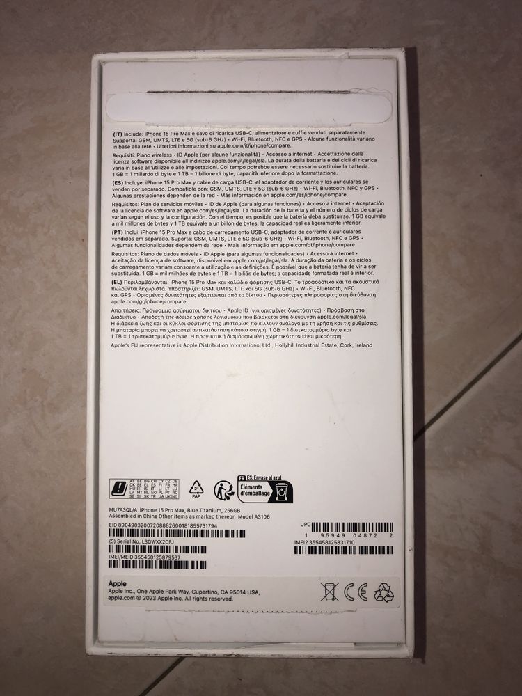 Vendo Caixa Iphone 15 Pro Max, Blue Titanium, 256GB