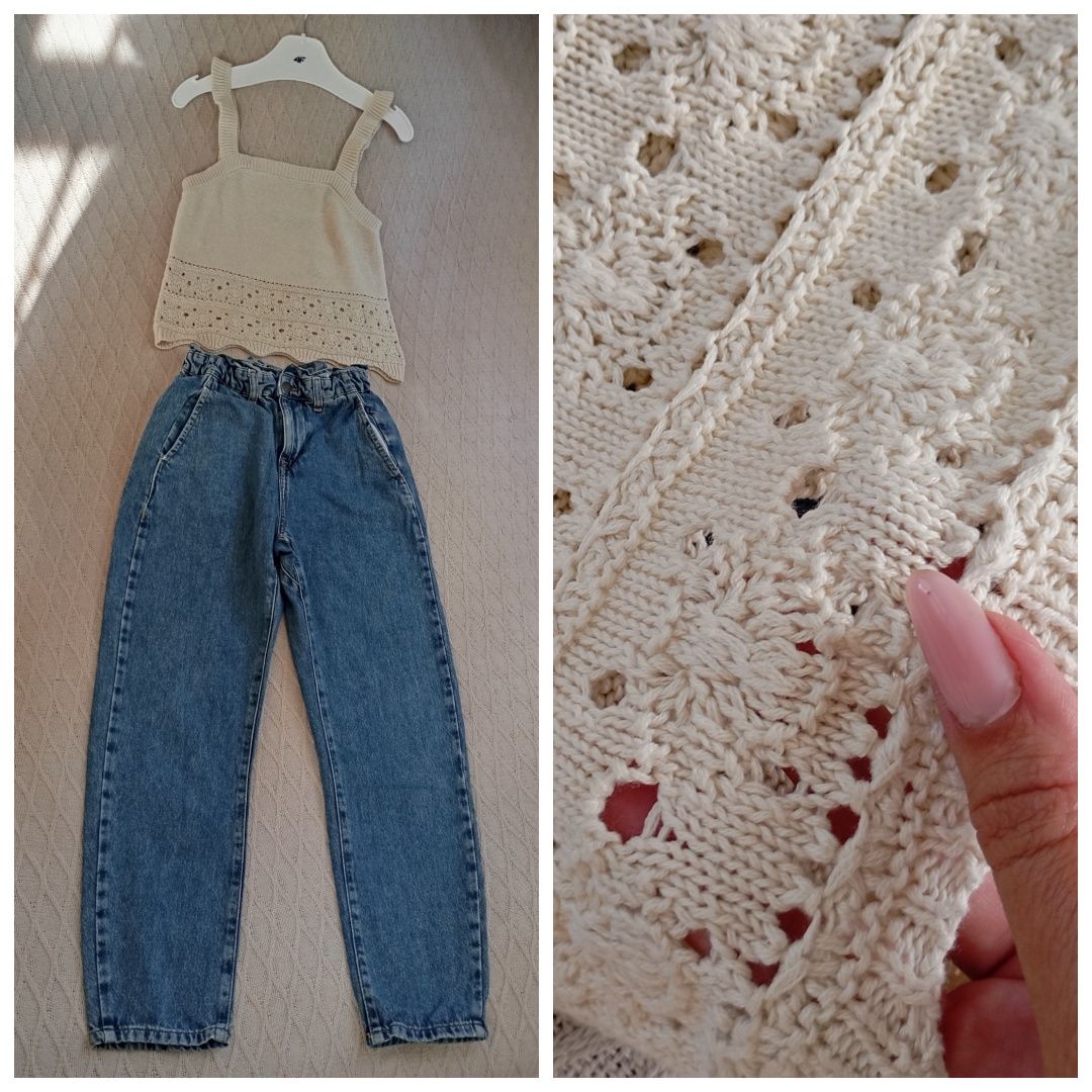 ZARA jeansy typu paperbag o kroju baggy i nowy  top crochet