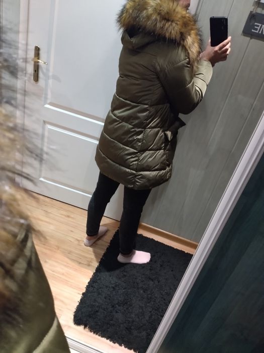 Kurtka płaszcz zimowy asymetryczny sztuczny jenot khaki S