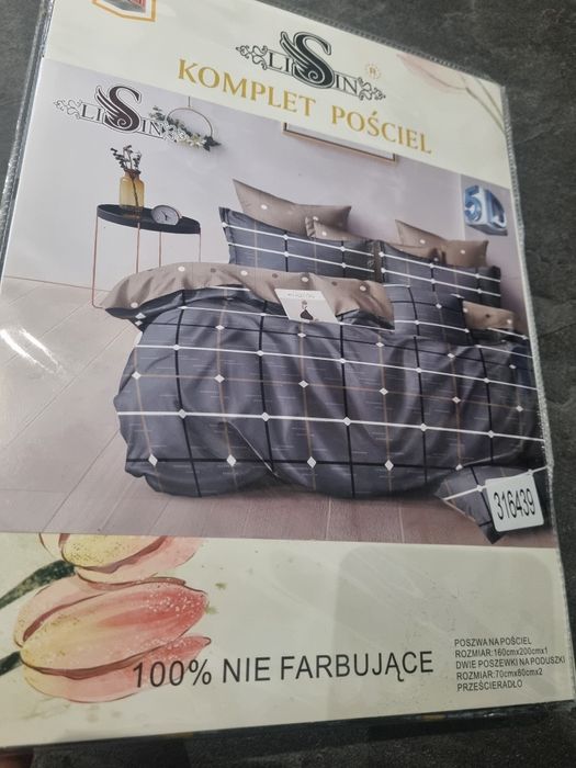 Pościel satynowa krata 160x200 poszewka 70x80 wzór szara