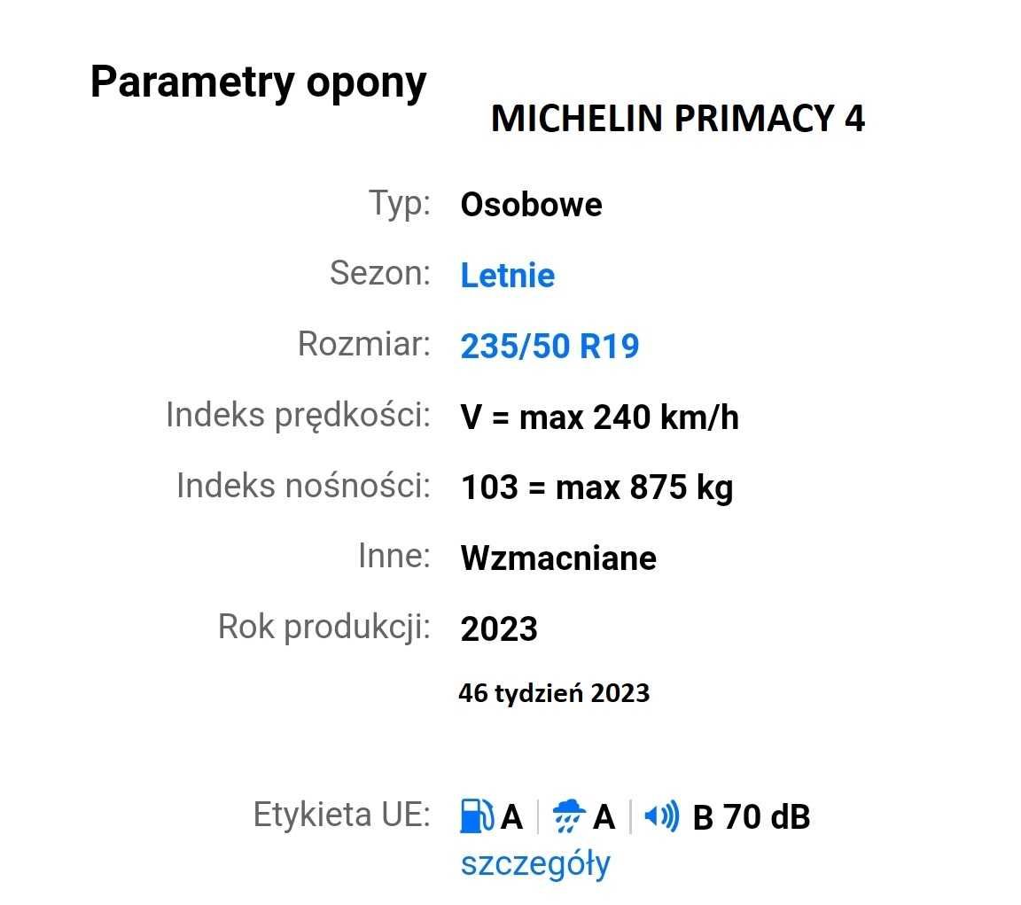 4 nowe opony letnie 235x50 R19 Michelin Primacy 4, 103V  XL 46/2023