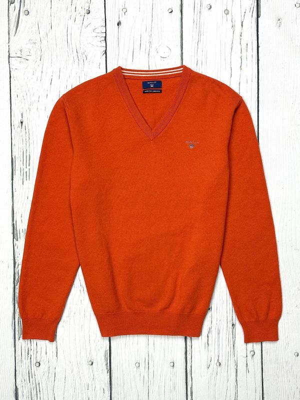 Gant Wełniany Sweter w Serek Męski Logo na Piersi Super Fine Lambswool