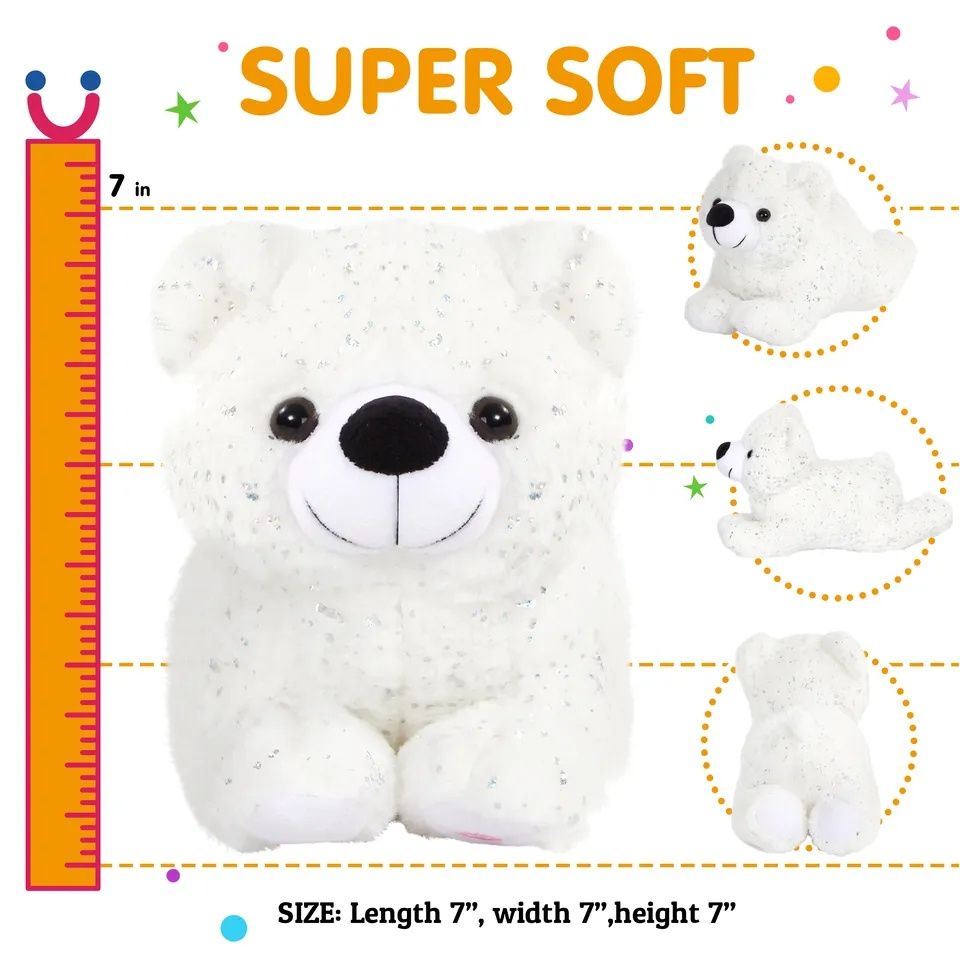 Peluche ursinho branco com glitter prateado 38cm SÓ dá luz (não canta)