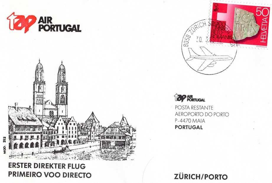 Portugal - 1985mar30 = Envelope,selo,carimbo primeiro voo TAP ZRH-OPO