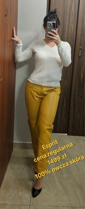 Żółte musztardowe spodnie Esprit skórzane skóra