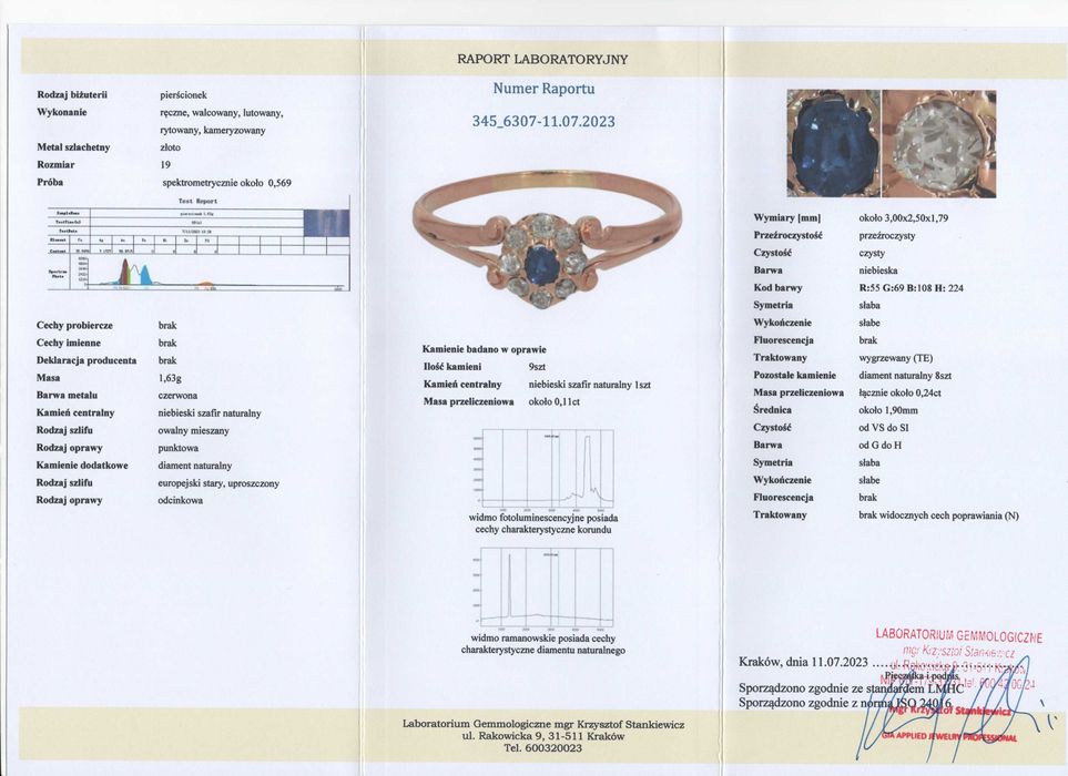 Szafirowy Złoty Pierścionek - 14K - 1,63g - DIAMENTY - KRAKÓW