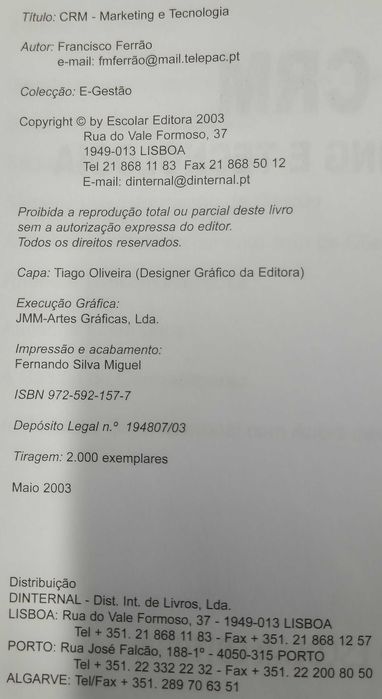 Livro «CRM - Marketing e Tecnologia» de Francisco Ferrão