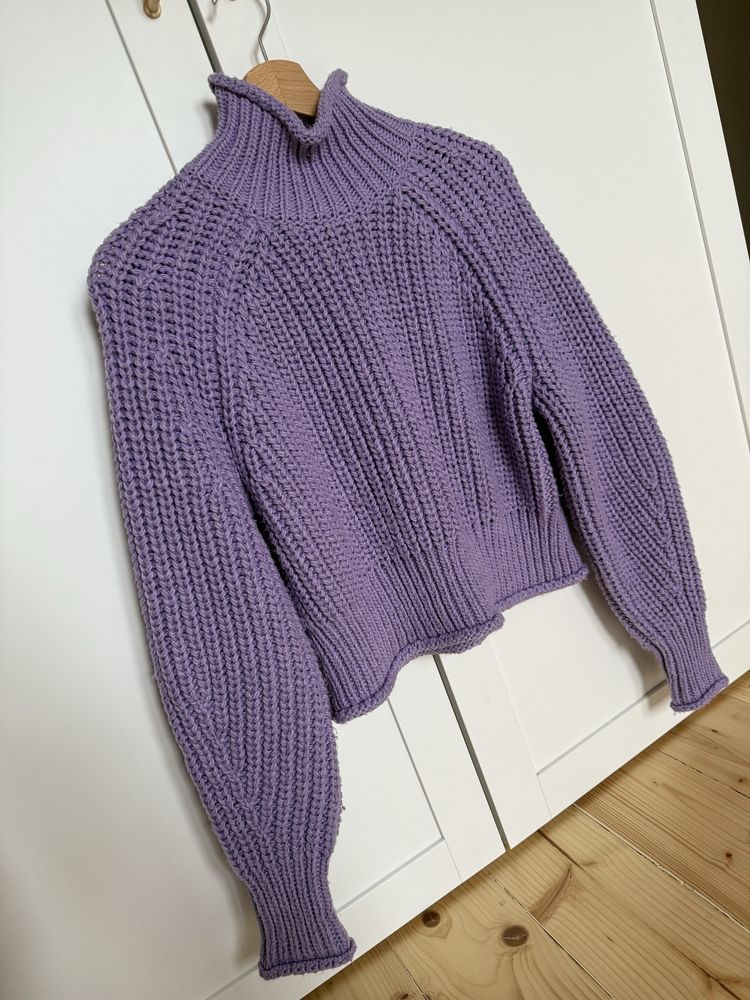 Gruby liliowy sweter H&M S/36 lila