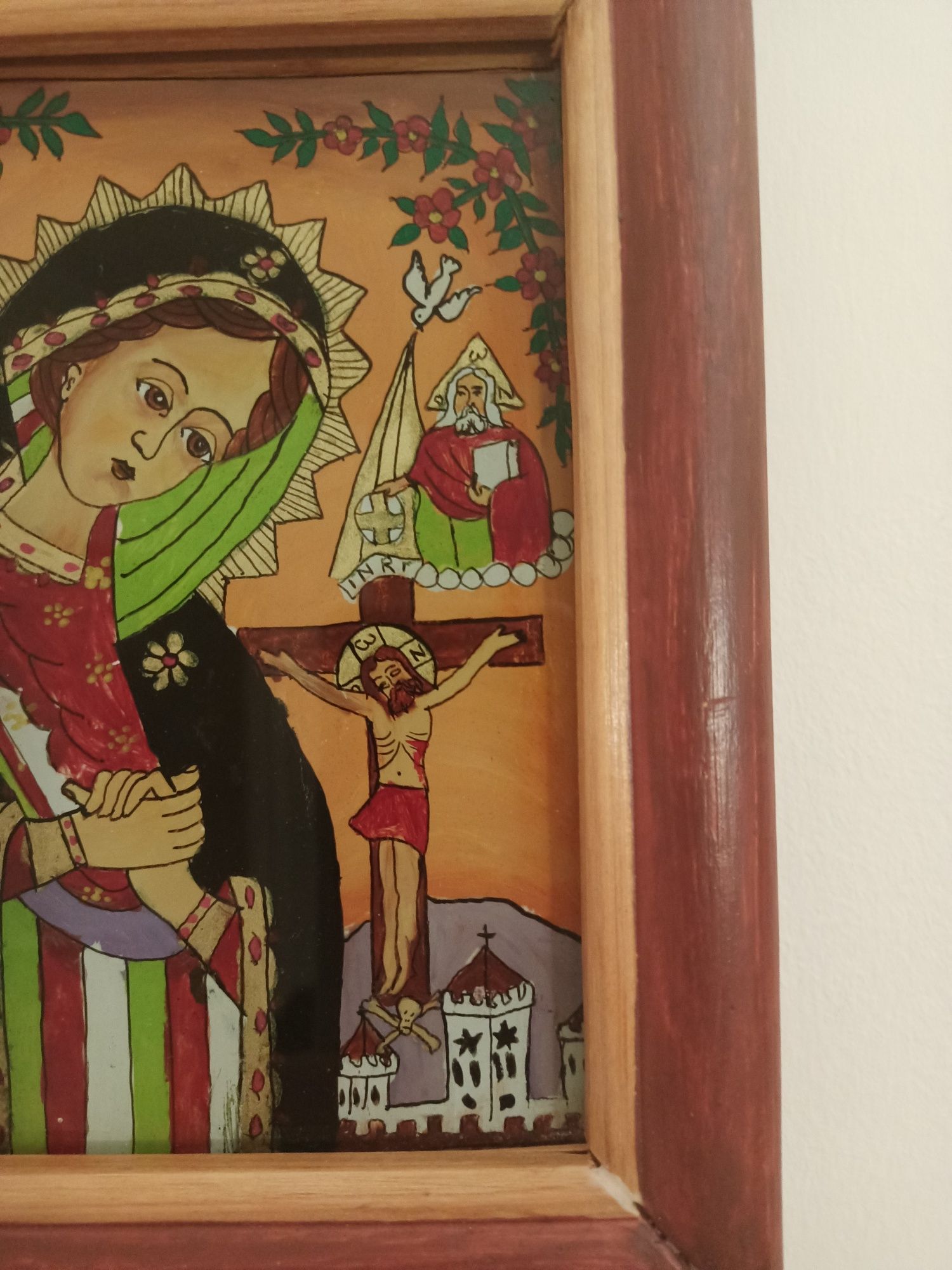 Stary obraz sakralny,ikona  drewniana ręcznie malowana w  ramie.