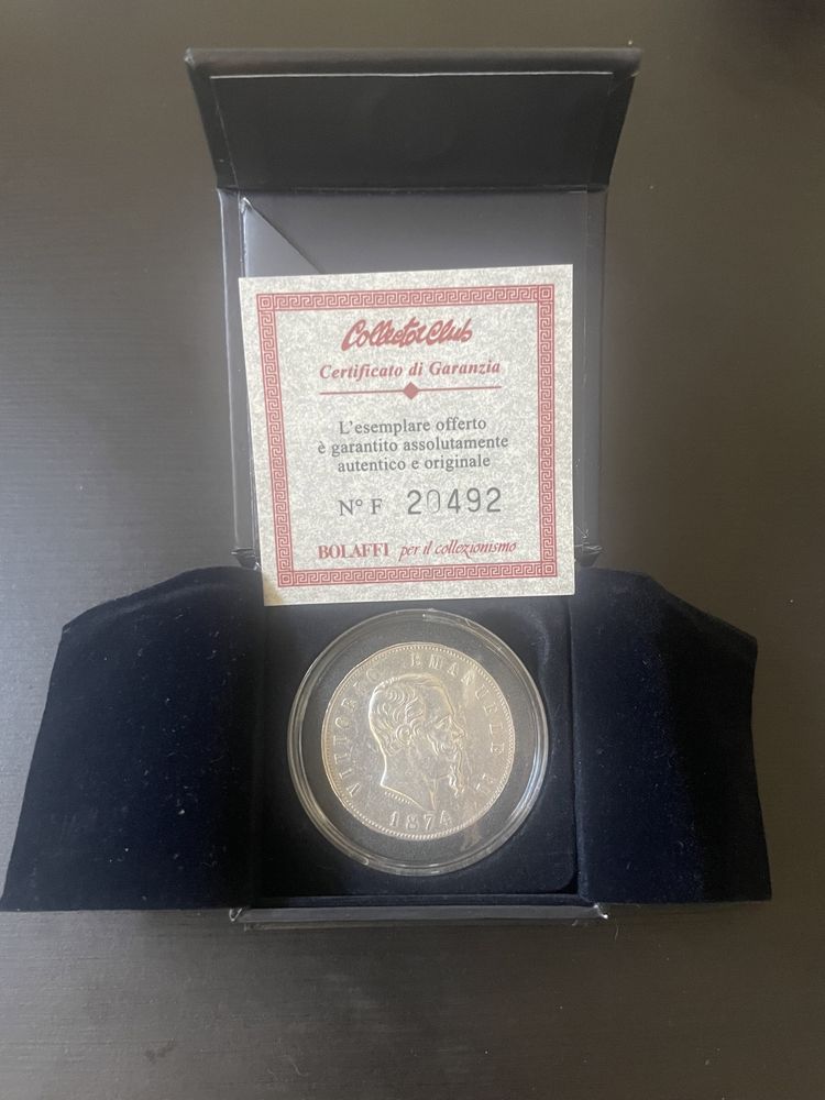 5 Liras de Itália de 1874, certificada pela Bolaffi e composta por prata 0.900!