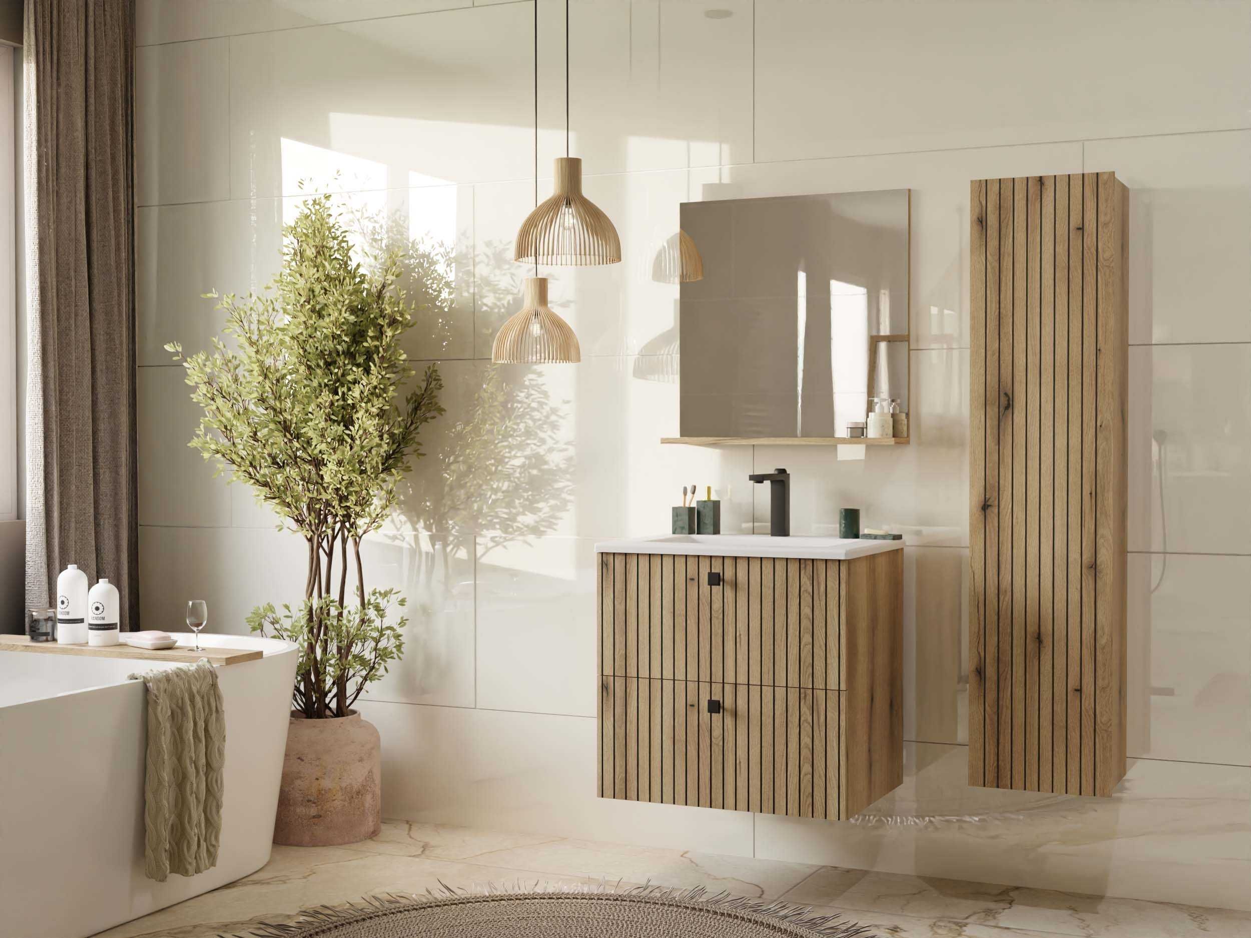 SZAFKA Pod Umywalkę TIGO 60 2S Ryflowany Front + Umywalka DĄB EVOKE