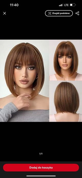 Nowa peruka damska bob brąz z grzywką naturalna orzechowa krótka