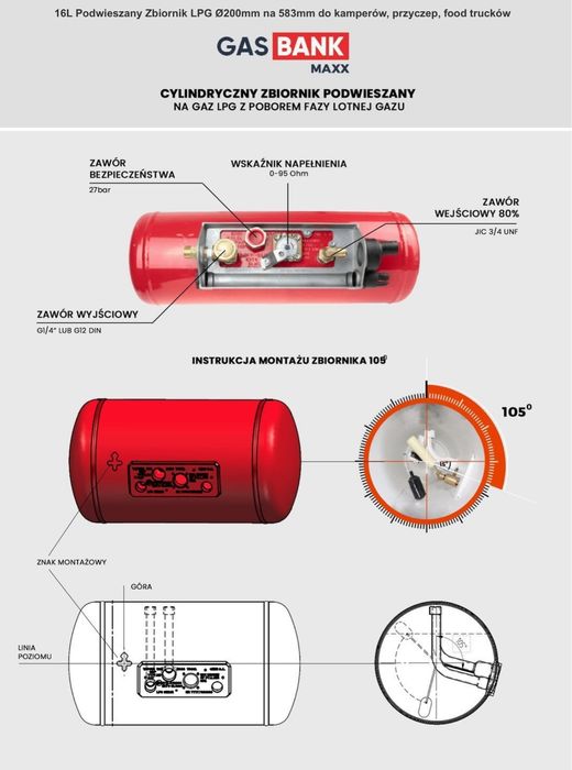 Podwieszany zbiornik LPG - kamper, food truck 16L