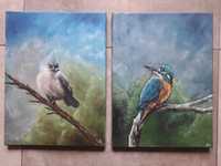 Obrazy olej na płótnie 2x 30x40 komplet ptaki zimorodek sikora srebro