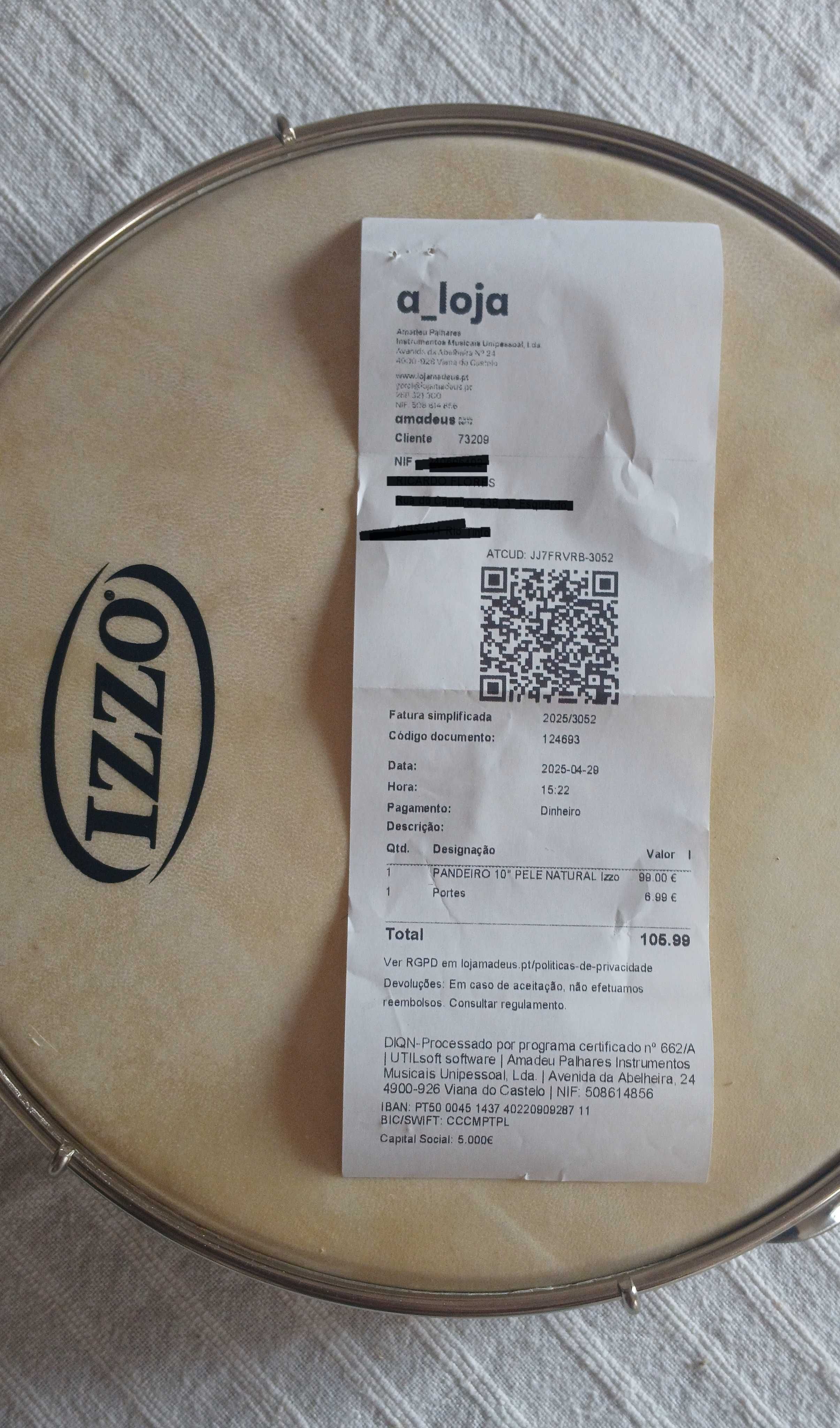 Pandeiro de Couro "IZZO" – NOVO, com Factura
