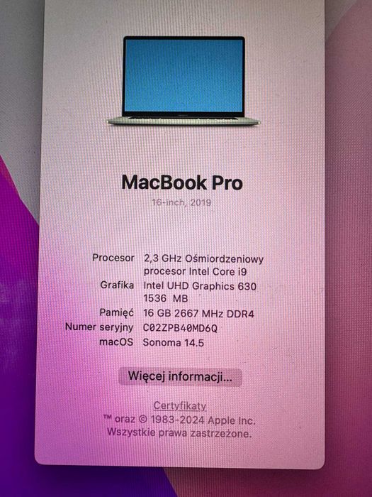 Macbook Pro 16", 2019 używany, 1TB srebrny, 1 właściciel, Touch Bar