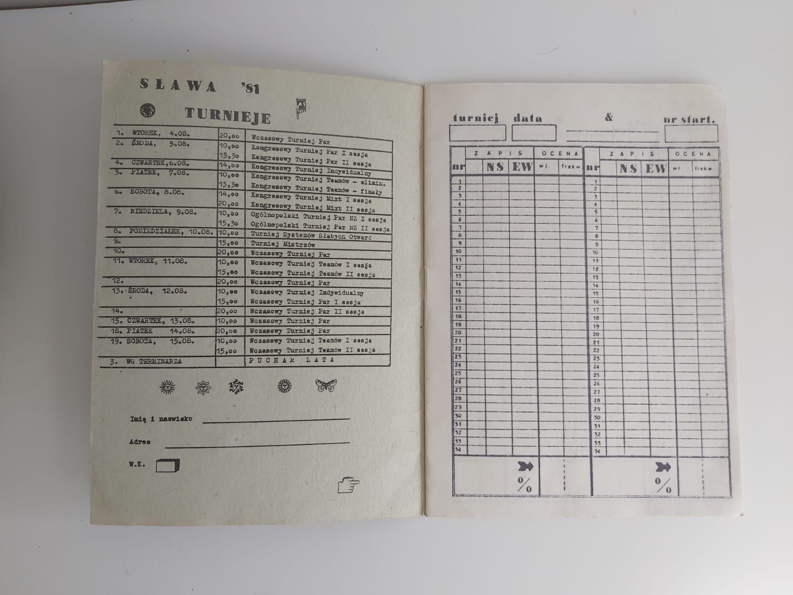 Sława '81 PZBS 1981 prl brydż karty gra wyniki zeszyt