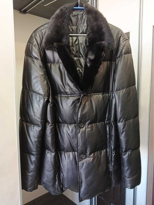 Мужской кожаный пуховик(лайка) с норковым воротником Р48-50
