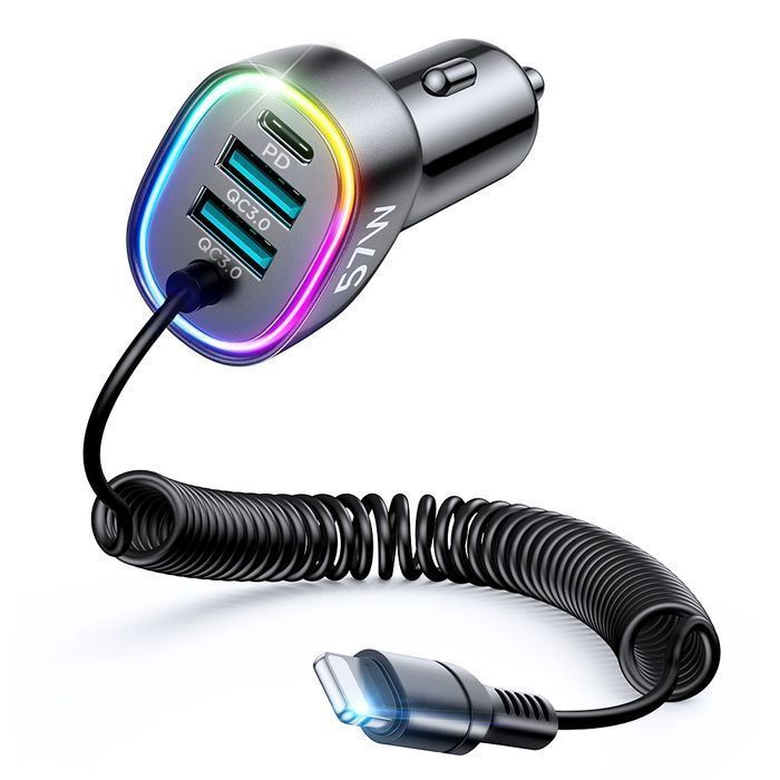 Joyroom ładowarka samochodowa 4w1 z kablem Lightning 1,6m 57W czarny