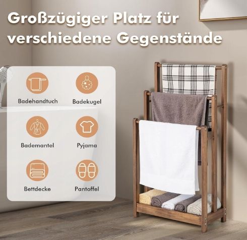 Drewniany wieszak na ręczniki COSTWAY 3-poziomowy z półką